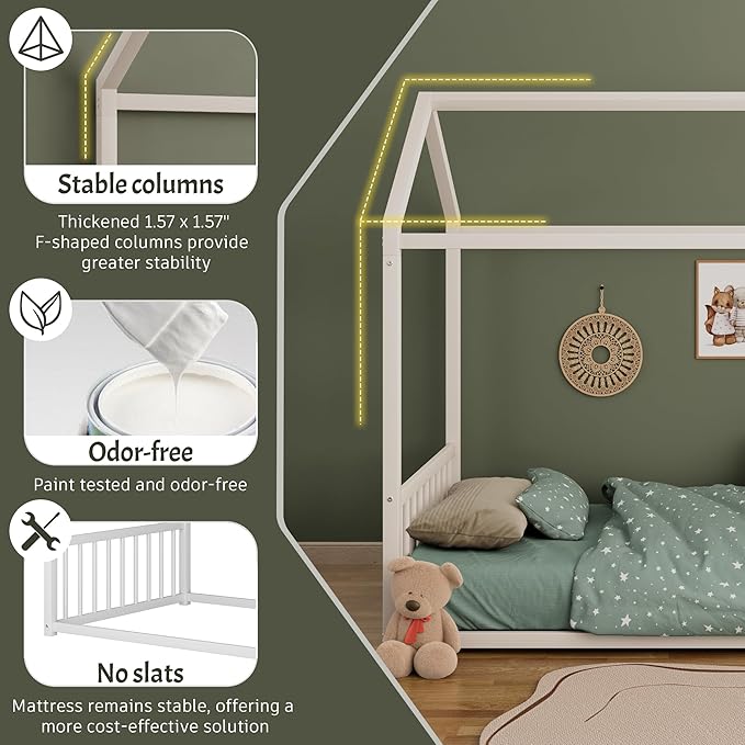 Merax Full Floor Bed Frame, Montessori Style Metal House Shaped Kids Bed with Vertical Safety Guardrails, No Slats, Grounded Design for Kids and Toddlers, Easy Assembly, White