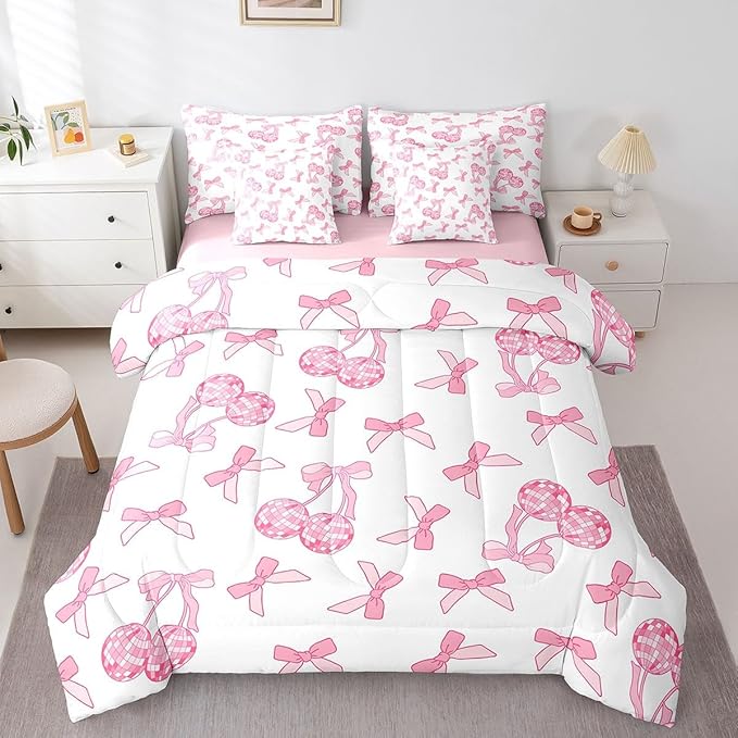 7 Pieces Cartoon Bowknot Kids Comforter Set Twin,Western Cowgirl Disco Ball Retro Bedding Set,Bow Tie Cute Princess Pink Romantic（Comforter+Fitted+Flat Sheet+2 Pillowcases+2 Throw Pillow Covers）