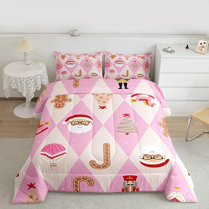 Feelyou Pink Christmas Kids Comforter Set King Size Santa Claus Bedding Set Xmas Tree Nutcracker Soldier Duvet Quilt for Kids Boys Girls Bedroom Gingerbread Man Decor Microfiber Ultra Soft Breathable