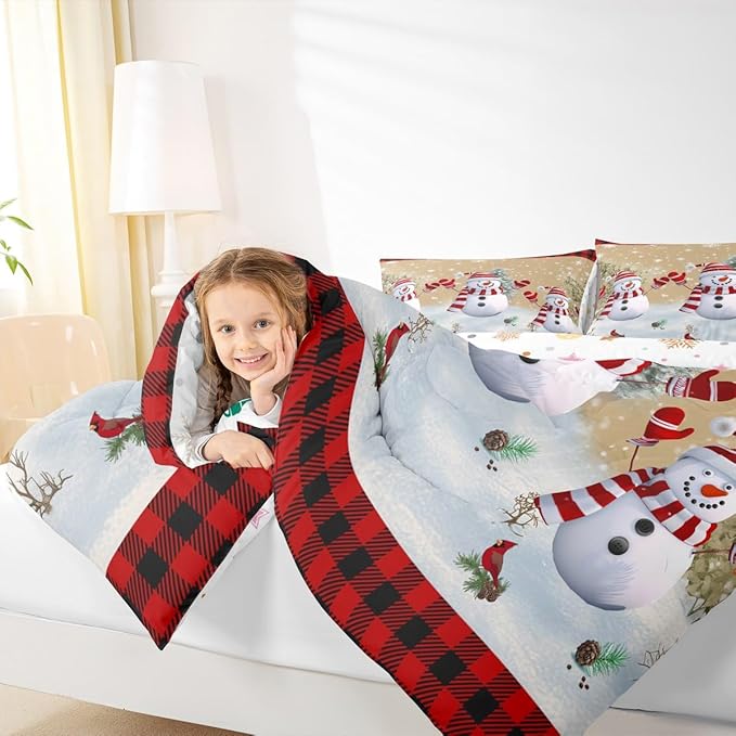Cartoon Snowman Kids Christmas Comforter Set King Size,Pines Snowflake Rustic Bedding,Girls Boys Adults Bedroom/Xmas Cabin Decor,Grids Geometric Down Comforter,Farmhouse Duvet Insert,2 Pillowcases