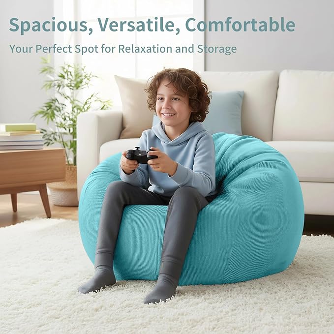 Nobildonna 3 ft Bean Bag Chair Cover (No Filler) 35"×43" Large Stuffed Animal Storage Bean Bag Washable Big Beanbag Chair Cover Premium Corduroy Stuffable Bean Bag Cover for Adults,Kids,Turquoise 300L
