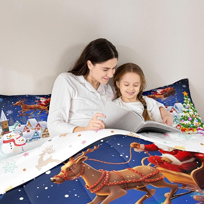 Manfei Christmas Bedding Set Twin Size Snowman Christmas Tree Print Comforter Set Santa Claus with Reindeer Quilt Set 2pcs for Kids Boys Girls Room Decor New Year Theme Duvet Set with 1 Pillowcase