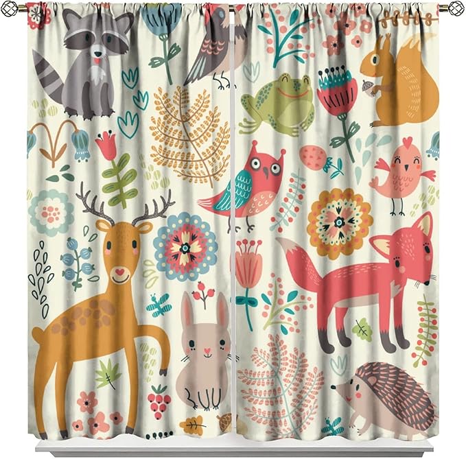 Kids Baby Woodland Curtains,Forest Animals Plants Cartoon Funny Colorful Deer Fox Owl Pattern Thermal Insulation Blackout Window Drapes for Boys Girls Children's Bedroom 42x45 Inch