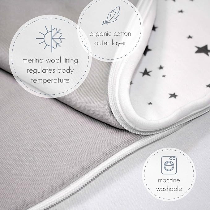Woolino Merino Wool and Organic Cotton Baby Sleep Bag - 4 Season Classic Sleep Sack - Two-Way Zipper Sleeping Bag for Baby and Toddler - 18-36 Months - Night Sky