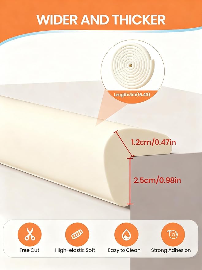 Baby Proof Edge Corner Protector, 16.4FT 0.47''Th L-Shape Furniture Corner & Edge Safety Bumpers with 10 Corners, Pre-Taped, Soft NBR Rubber Foam Desk Edge Cushion Wall Corner Protector (Beige)