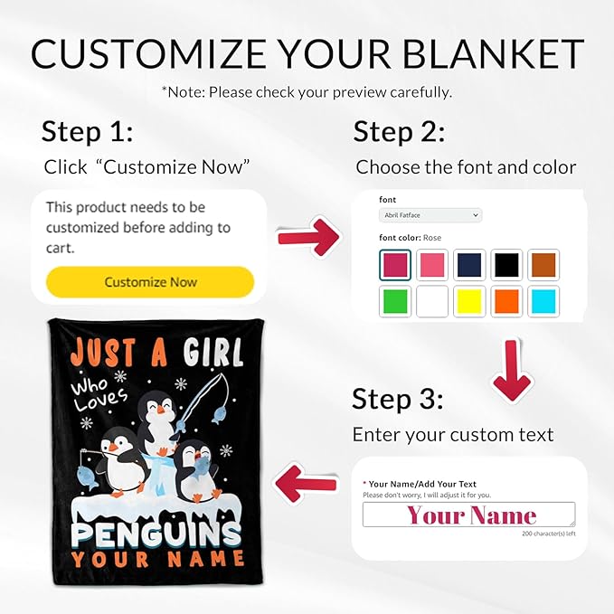 Personalized Penguin Blanket Adult - 60" x 80" Inches Cute Penguin Blanket for Women - Black Warm Furry Throws for Sofa, Bed & Living Room