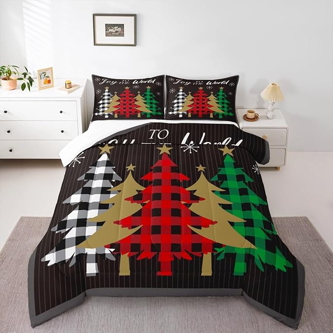 Christmas Kids Comforter Set Twin Size,Plaid Pine Trees Snowflake Bedding,Girls Boys Adults Bedroom/Xmas Cabin Decor,Geometric Lines Stylish Down Comforter,Rustic Colorful Duvet Insert,1 Pillowcase