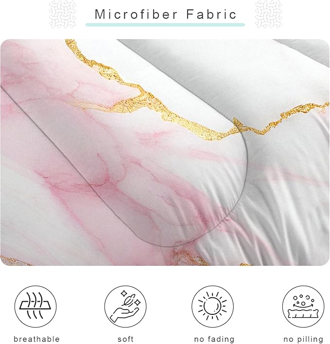 Girls Comforter Set Twin: Pink Marble Twin Bedding Sets for Teen Girls Tween Kids Pink and Gold Glitter Abstract Marbling Pastel Quilt Bed Set 1 Comforter & 1 Pillow Case