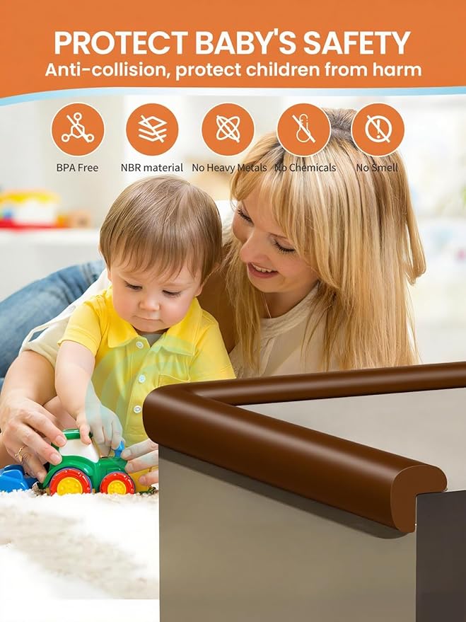 Baby Proof Edge Corner Protector, 6.56FT 0.47''Th L-Shape Furniture Corner & Edge Safety Bumper with 6 Corners, Pre-Taped, Soft NBR Rubber Foam Desk Edge Cushion Wall Corner Protector(Dark Brown)