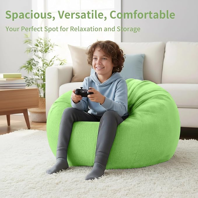 Nobildonna 3 ft Bean Bag Chair Cover (No Filler) 35"×43" Large Stuffed Animal Storage Bean Bag Washable Big Beanbag Chair Cover Premium Corduroy Bean Bag Cover for Adults,Kids,Fruit Green 300L