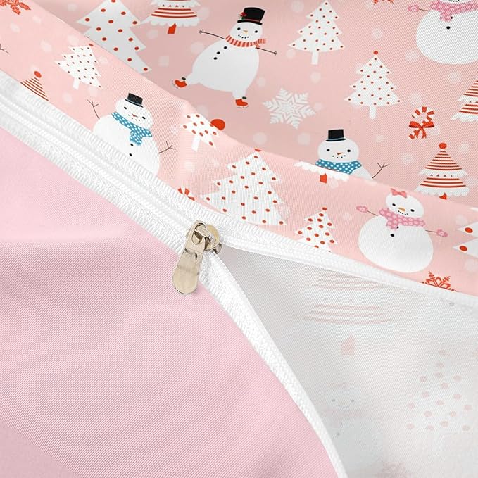Christmas Kids Bedding Set Cartoon Snowman Bedding Duvet Cover Set for Boys Girls Christmas Tree Decor Comforter Cover Set Pink Dots Xmas Theme Bedspread Cover Bedroom Quilt Cover 3Pcs King Size