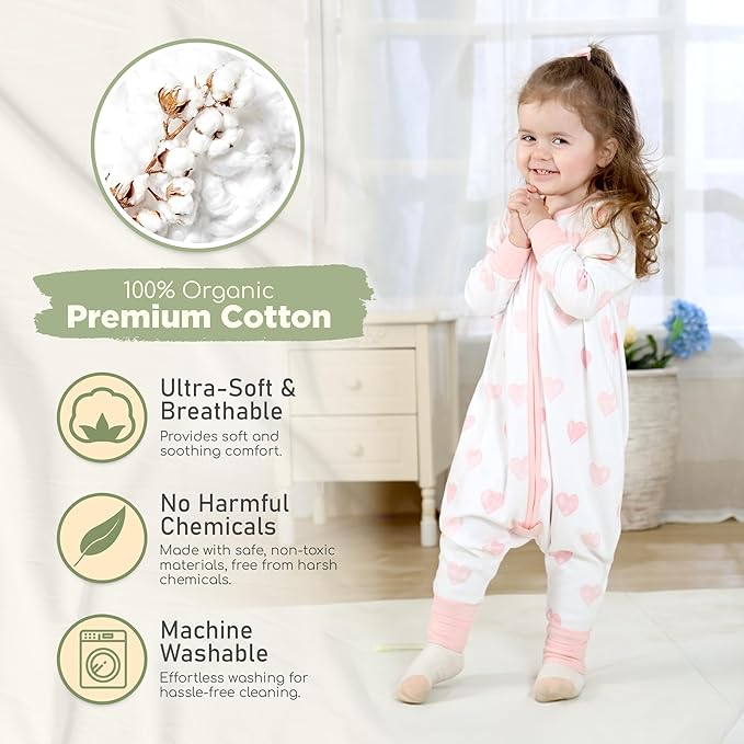 Mama Cheetah Toddler Sleep Sack with Feet, Long Sleeve 0.5 TOG Organic Cotton Baby Sleeping Bag with Legs, Wearable Blanket for Walkers w/ 2-Way Zipper, Toddler Blanket for Girls & Boys 2T