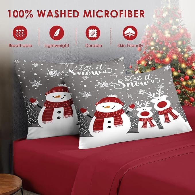 7 Pcs Queen Size Christmas Comforter Set with 2 Pillowcases & 2 Shams, Grey Cute Snowman Bedding for Kids and Adults, Cartoon Reindeer Bed in a Bag with Flat Fitted Sheet