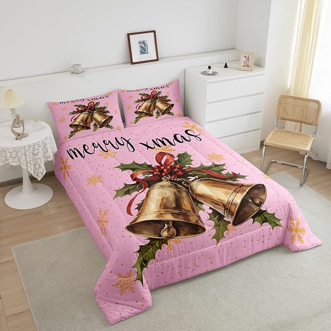 Erosebridal Merry Xmas Kids Comforter Sets Christmas Bell Toddler Bedding Sets for Girls Happy New Year Theme Down Comforter for Boys Teens Snowflake Quilt Set,Pink