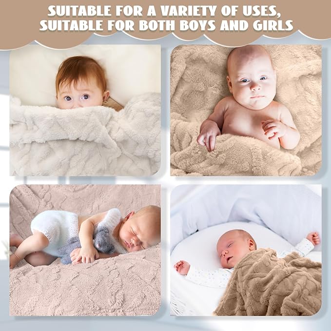 VitalCozy 4 Pcs Soft Fleece Baby Blankets Set 30" x 40" 3D Plush Warm Nursery Swaddling Bed Blanket Little Boys Girls Infant Toddlers and Newborn Receiving Gifts Blankets(Khaki Set)