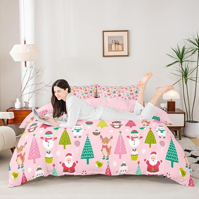 Christmas Bedding Set for Kids Boys Girls Cute Santa Claus Deer Comforter Cover Set Pink Christmas Tree Duvet Cover Bedroom Decor Kawaii Xmas Theme Bedspread Cover Twin Size Bedding Collection 2Pcs