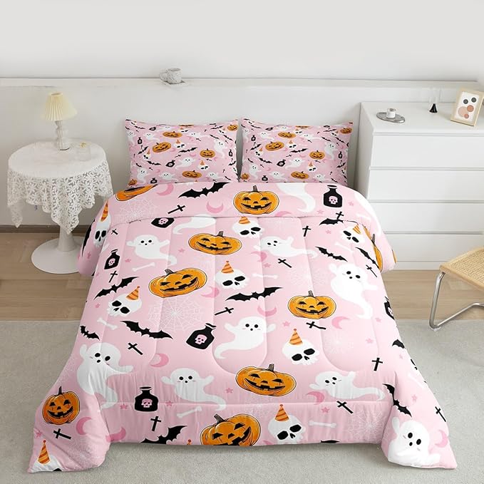 Erosebridal Pink Halloween Comforter Set Cute Ghost Bedding Set Twin Size,Spooky Pumpkin Bat Decor Quilt for Kids Boys Girls Adults Vintage Halloween Decorations Down Comforter