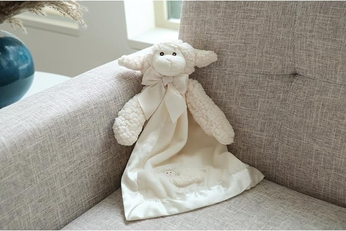 Bearington Baby Lamby Snuggler - 15" White Lamb Plush Lovey for Babies - Soft Stuffed Animal Security Blanket with Satin Bow and Embroidered Eyes - Sweet Baptism Gift Blanket for Boys and Girls