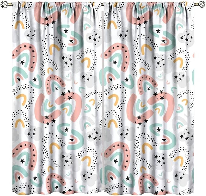 Boho Rainbow Curtains for Kids Nursery Colorful Floral Sun Star Clouds Pastel Bohemian Pattern Print Window Drapes for Girl Bedroom Living Room Kitchen Decor,2 Panel Set,55Wx63H Inch Blackout