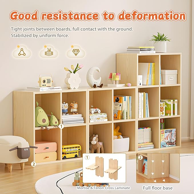 6 Cube Storage Organizer, Cubby Storage Organizer, Cube Shelf with Back Plate, Wooden Kids Bookcase for Toy, Solid Wood Cube Storage for Living Room/Bedroom/Hallway/School, Easy to Install