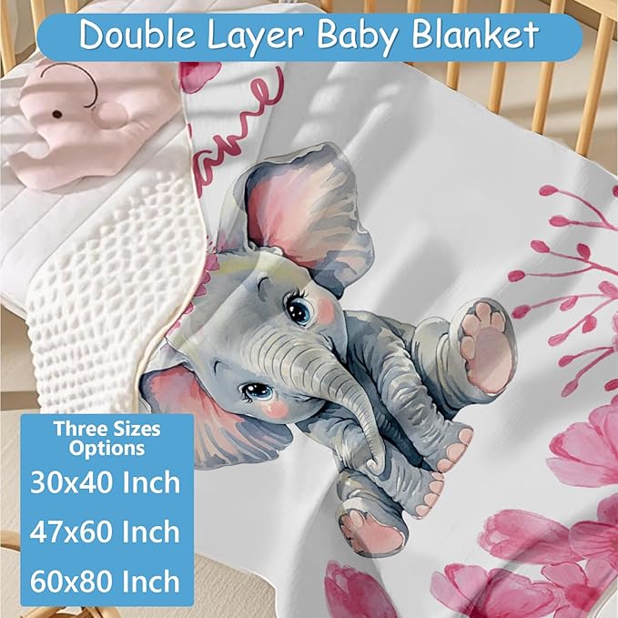 Personalized Nursery Bedding Set, 5 Pcs Custom Name Crib Bedding Set for Girls Boys, Pink Elephant Crib Set, Double Layer Baby Blanket with Dotted Backing, Customized Gift for Infant Toddler