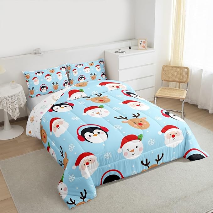 Feelyou Merry Christmas Comforter Set All Season Santa Claus Bedding Set with 2 Pillow Cases Deer Penguin Microfiber Kids Full Bedclothes Snowman Bedroom Decor Duvet Quilt Breathable Soft Lightweight