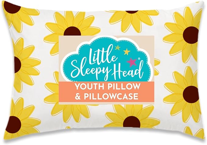 Little Sleepy Head Youth Pillow with Pillowcase 16x22, Soft Jumbo Toddler Pillows, Hypoallergenic Pillow Case - Best Kids Pillows for Sleeping, Perfect Kids Travel Pillows (Sunflowers)