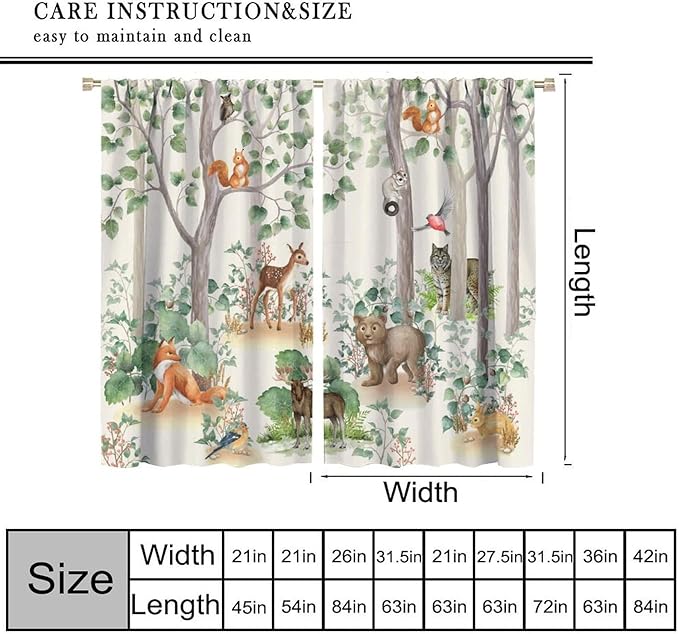 Woodland Animal Curtains, Cartoon Wild Rustic Forest Animals Pattern Blackout Window Treatments, Rod Pocket Thermal Insulated Drapes 2 Panel Sets for Kids Bedroom Nursery Classroom, 72" W X 63" L