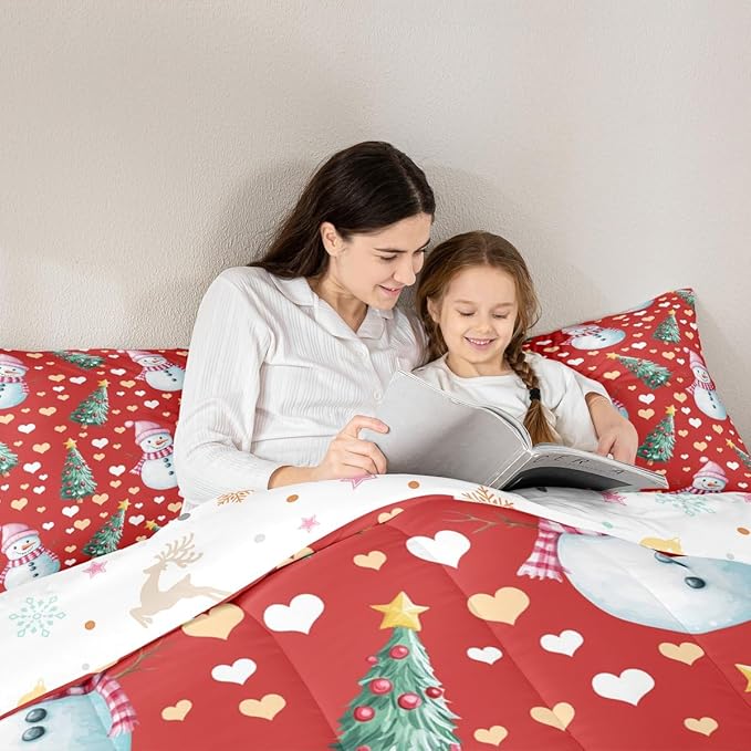 Feelyou Merry Christmas Comforter Set Full Size Cute Snowman Bedding Set for Kids Boys Girls Christmas Tree Duvet Quilt Love Hearts Microfiber 3 Pcs with 2 Pillow Cases