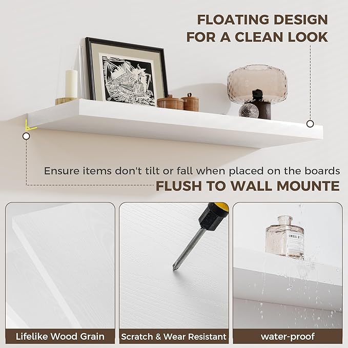 Fun Memories 12 Deep Floating Shelves for Wall | 30W x 12D Large Floating Shelves | 3 Pack Storage Space Wall Mount Shelf for Living Room Bathroom Toilet Laundry Room Kitchen Home Office - White
