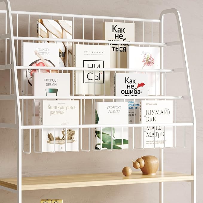 Metal Kids Bookshelf and Toy Storage Organizer,6 Tier Childrens Bookcase,Magazine Rack Floor,Book Shelf for Kids Rooms Classroom Nursery Living Room Office (White, L:39.4")