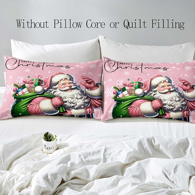 LUVIVIHOME 3PCS Pink Santa Claus Duvet Cover Full, Christmas Bedding Sets, Pink Duvet Cover, Kids Girls Bedding, Snowflake Holiday Xmas Gifts Christmas Comforter Bedspread Quilt Cover, 2 Pillow Shams