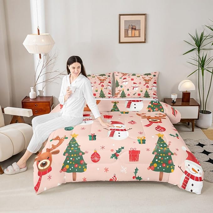 Feelyou Christmas Comforter Set King Size Snowman Bedding Set for Kids Boys Girls Deer Xmas Tree Duvet Quilt New Year Gift Bedroom Decor Snowflake Microfiber 3 Pcs with 2 Pillow Cases