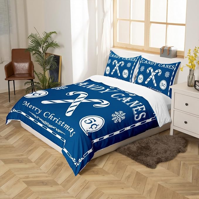 jejeloiu Christmas Bedding Set Queen Size Kids Christmas Quote Comforter Cover Set for Boys Girls Teens Candy Canes Print Duvet Cover Xmas Bedspread Cover Room Decorations Blue Quilt Cover
