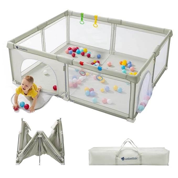 Foldable Baby Playpen,Portable Playpen for Babies and Toddler,59 * 71 Inch Kids Travel Play Pen with 4 Handlers,Carry Bag,Large Baby Play Yard for Indoor&Outdoor,Beige