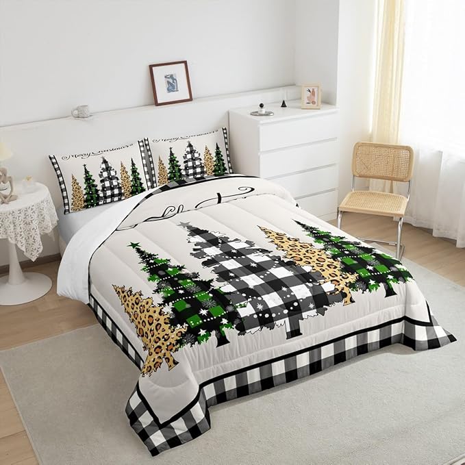 Manfei Merry Christmas Kids Comforter Set Twin Size,Leopard Plaids Pines Trees Bedding,Girls Boys Adults Bedroom/Xmas Cabin Decor,Geometric Grids Retro Down Comforter,Rustic Duvet Insert,1 Pillowcase