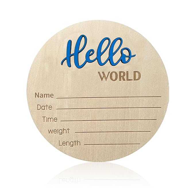 Baby Announcement Sign, 5.9 Inch Wooden Hello World Newborn Signs, Birth Announcement Sign, Baby Shower Hospital Nursery for Newborn Boys and Girls… (Blue)