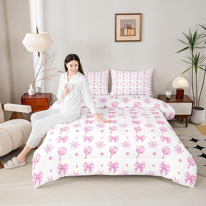 Feelyou Pink Christmas Bedding Set Soft for Boys Girls, Bow Candy Comforter Set Toddler Size Star Snowflake Duvet Quilt Microfiber Bedroom Decor 2 Pcs with 1 Pillow Cases