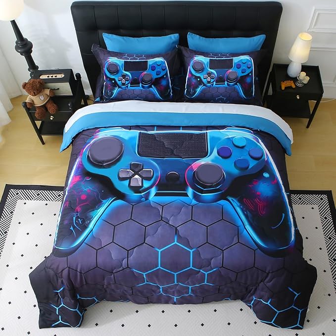 Wajade Game Console Comforter Set for Boys 7 Piece Blue 3D Gaming Geometric Bedding Sets for Kids Queen Size as Birthday with Comforter, Sheet Set, Pillowcase and Sham