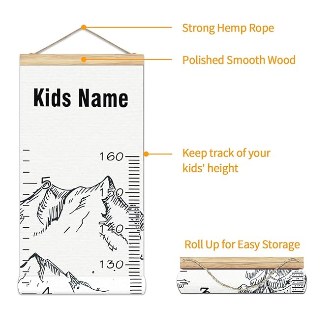 Personalized Kids Name Growth Chart Ruler for Wall Wood Frame Height Measure Chart 13.4x56 in Linen Hanging Height Growth Chart Winter Mountain Kids Room Decor