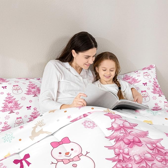 Feelyou Merry Christmas Kids Comforter Set Queen Size Cute Snowman Bedding Set Cartoon Bowknot Duvet Quilt for Kids Boys Girls Bedroom Christmas Tree Decor Microfiber Ultra Soft Breathable