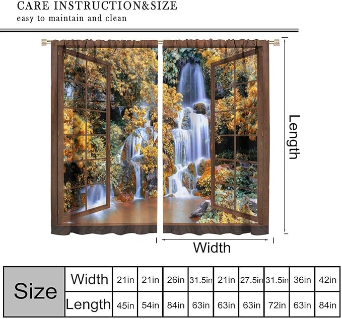 Waterfall Blackout Curtains, Waterfall Forest Landscape Wooden Window Print Pattern Window Drapes, for Bedroom Living Room 63" W X 63" L