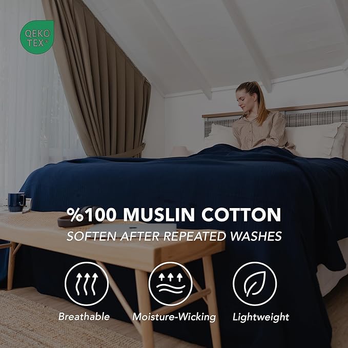 Goqan Throw Blanket 55x60 – 100% Cotton 4 Layer Boho Muslin Blanket for Adults, Lightweight, Soft, Breathable for Bed, Couch, Picnic - Navy