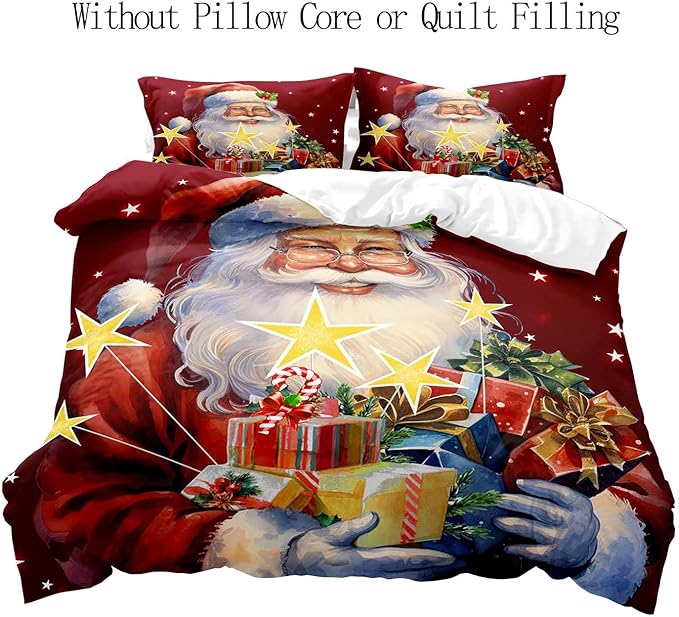 LUVIVIHOME 3PCS Christmas Santa Duvet Cover Full Bedding Set, Boys Girls Kids Bedding, Winter Holiday New Year Xmas Gifts Red Christmas Comforter Bedspread Quilt Cover, Bed in a Bag, 2 Pillow Shams