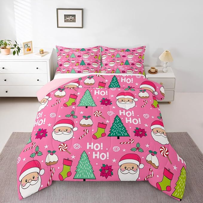 Feelyou Pink Merry Christmas Comforter Set All Season Santa Claus Bedding Set with 2 Pillow Cases Xmas Microfiber Kids Full Bedclothes Happy New Year Bedroom Decor Duvet Quilt Soft Lightweight