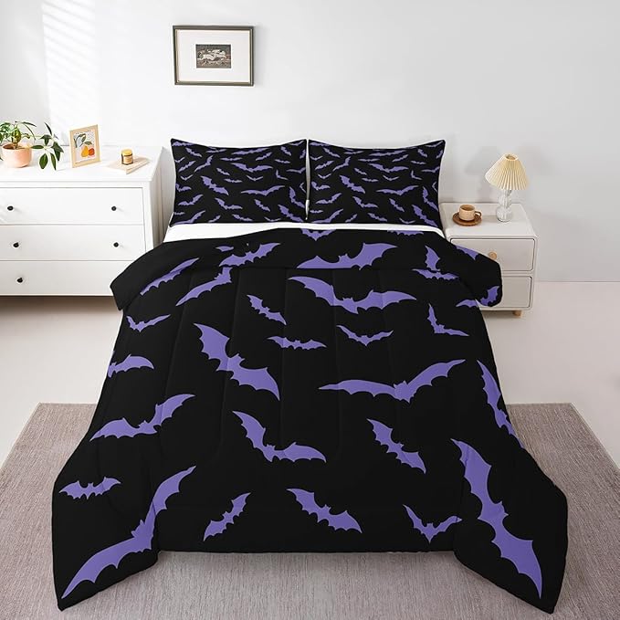 Erosebridal Happy Halloween Comforter Set with 1 Pillow Case Dark Purple Gothic Bats Quilt Twin Size for Kids Boys Black Spooky Cartoon Gothic Bedding Set