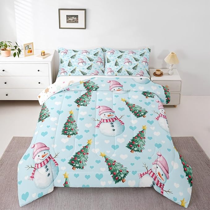 Feelyou Merry Christmas Kids Comforter Set Queen Size Cute Snowman Bedding Set Christmas Tree Duvet Quilt for Kids Boys Girls Bedroom Love Hearts Decor Microfiber Ultra Soft Breathable
