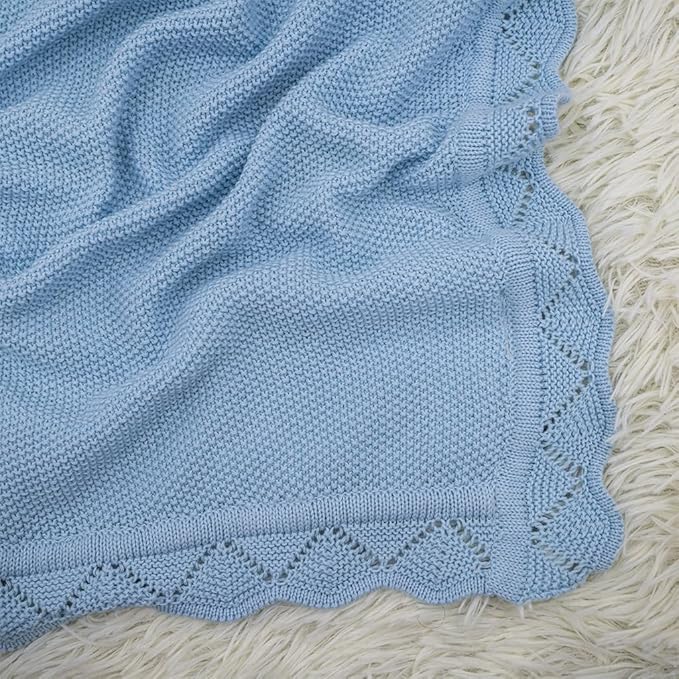 Baby Knit Blanket Soft Breathable Cotton Scallop Border Blankets Newborn Knitted Blanket Swaddle Blankets Gifts for Baby Newborn Toddler Shower Boy Girl New Mom Birthday Christmas Blue 30x40