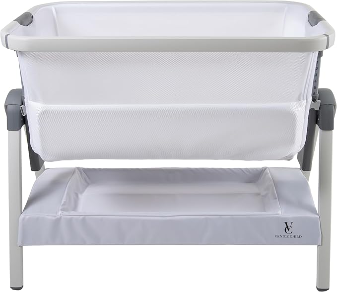 Venice Child California Dreaming Bedside Crib Bassinet w/Travel Case, Bamboo Bassinet Sheet, Removable Bamboo Compressed Cotton Mattress, Height Adjustable, Easy Clean (White)