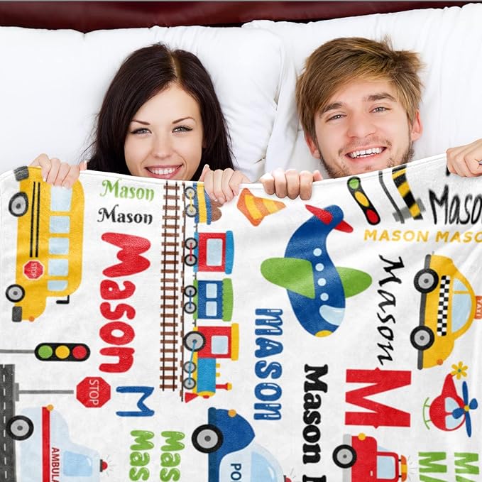 Personalized Blanket with Name for Boys, Traffic Car Transport Custom Name Blanket, Soft Flannel Toddler Blankets Customized Gift for Newborn Baby Shower Birthday-30 x40